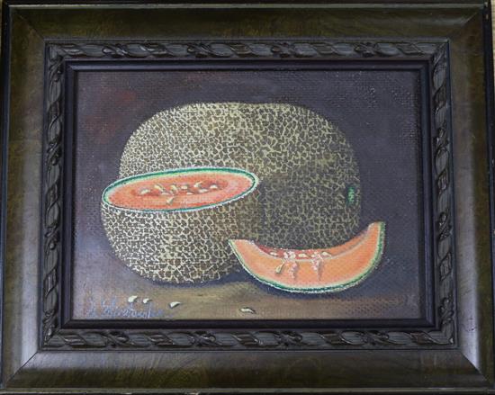 O. Miratuentes. oil on board, Still life of a melon, signed, 14 x 19cm